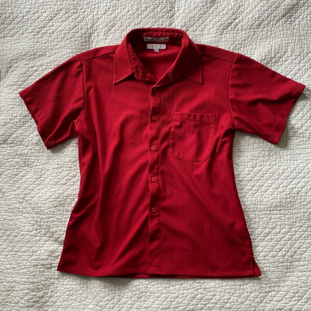 stylish & vibrant red button-up shirt.